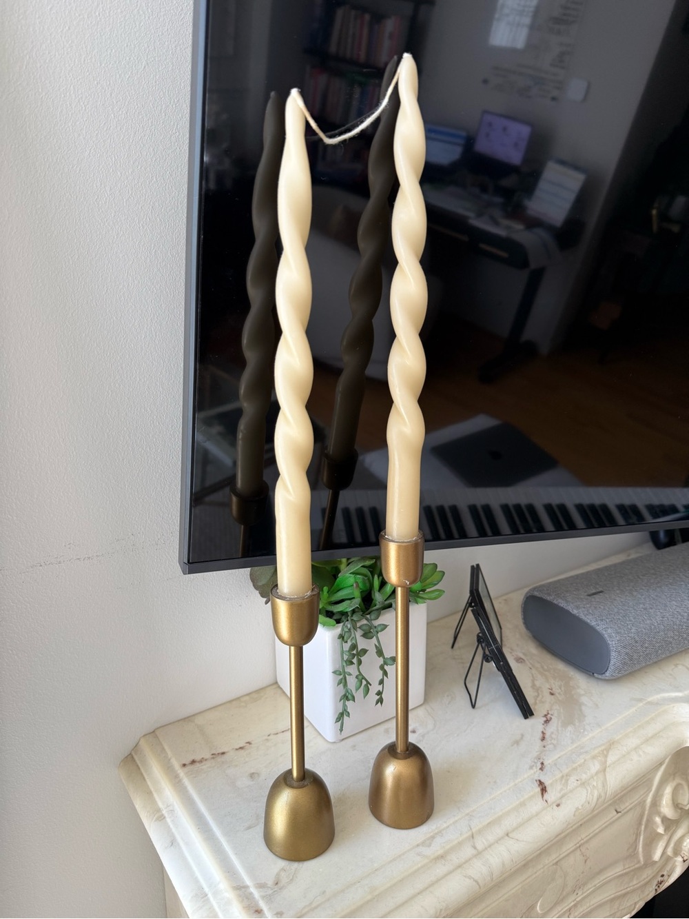 Cost Plus World Market Cream Spiral Taper Candles with Gold Holders